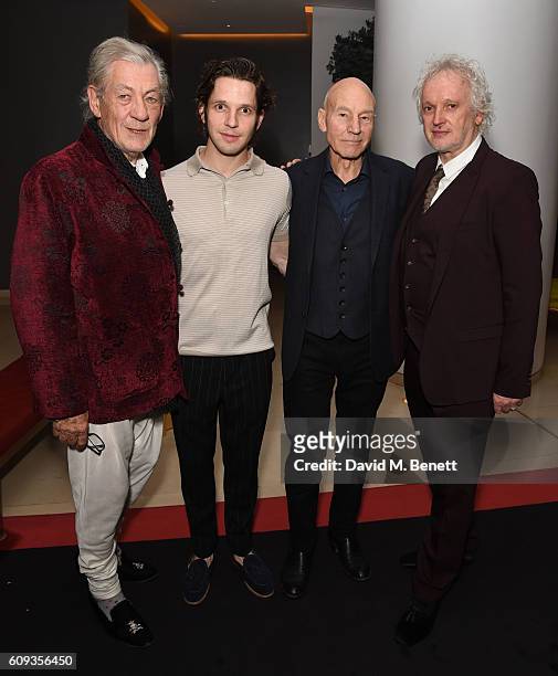 Ian McKellen, Damien Moloney, Patrick Stewart and Sean Mathias attend the press night after party for "No Man's Land" at St Martins Lane on September...