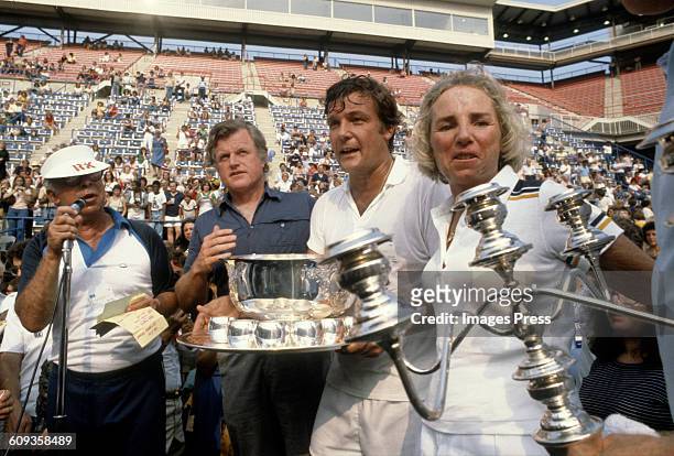 Art Buchwald, Ted Kennedy, Peter Duchin, Ethel Kennedy at the Robert F. Kennedy Memorial Tennis Tournament circa 1979 in Forest Hills, Queens.