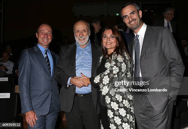 Giuseppe Lavazza, Carlo Petrini, Francesca Lavazza and Marco Lavazza attend the 2017 Lavazza Calendar Presentation on September 20, 2016 in Milan,...