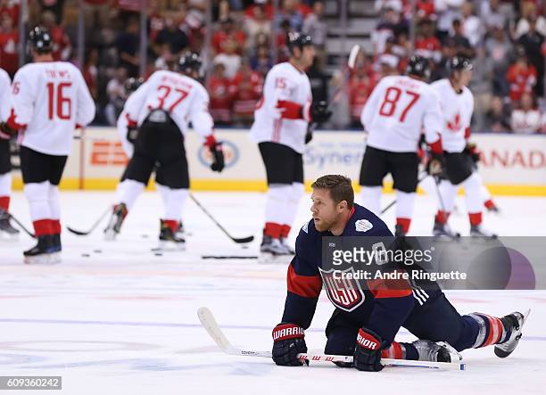Joe Pavelski of Team USA stretches during warms up prior to a game against Team Canada during the World Cup of Hockey 2016 at Air Canada Centre on...