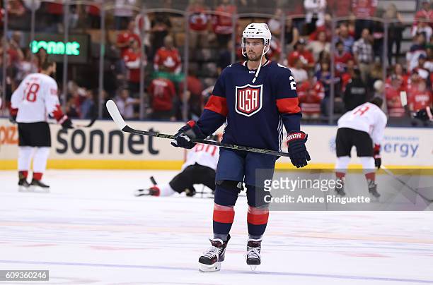 Matt Niskanen of Team USA warms up prior to a game against Team Canada during the World Cup of Hockey 2016 at Air Canada Centre on September 20, 2016...