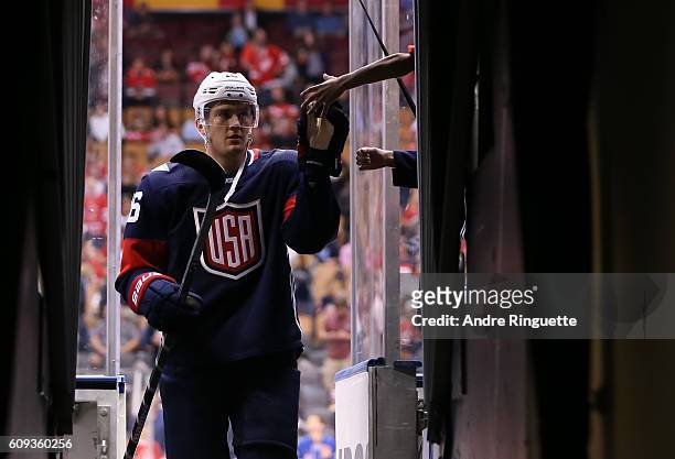 James Van Riemsdyk of Team USA high fives a fan prior to the game against Team Canada during the World Cup of Hockey 2016 at Air Canada Centre on...