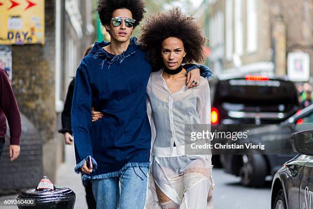 Couple outside Marques Almeida during London Fashion Week Spring/Summer collections 2017 on September 20, 2016 in London, United Kingdom.