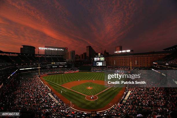 Starting pitcher Kevin Gausman of the Baltimore Orioles works batter David Ortiz of the Boston Red Sox in the first inning at Oriole Park at Camden...