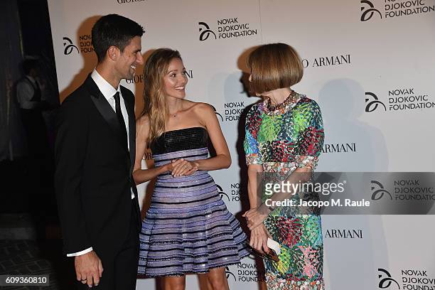Novak Djokovic, Jelena Djokovic and Anna Wintour attend the Milano Gala Dinner benefitting the Novak Djokovic Foundation presented by Giorgio Armani...