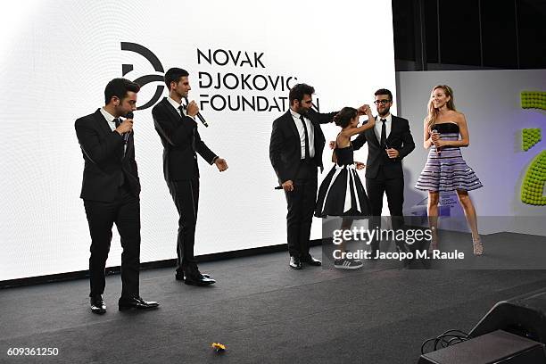 Vocal band Il Volo,Novak Djokovic, Zia Uehling and Jelena Djokovic attend the Milano Gala Dinner benefitting the Novak Djokovic Foundation presented...