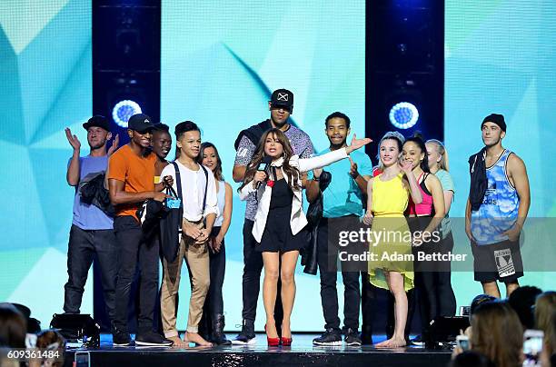 Paula Abdul on stage with the Shapeshift Dance Crew during WE Day Minnesota at Xcel Energy Center on September 20, 2016 in St Paul, Minnesota.