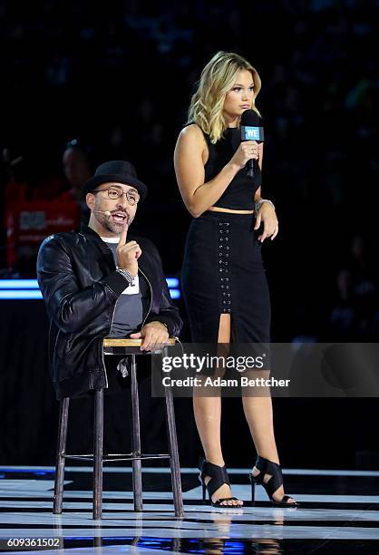 Spencer West and Olivia Holt on stage during WE Day Minnesota at Xcel Energy Center on September 20, 2016 in St Paul, Minnesota.