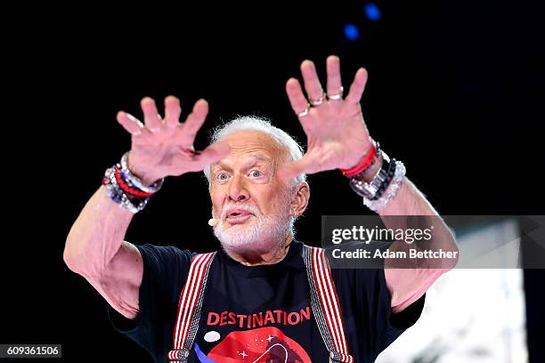 Buzz Aldrin speaks during WE Day Minnesota at Xcel Energy Center on September 20, 2016 in St Paul, Minnesota.