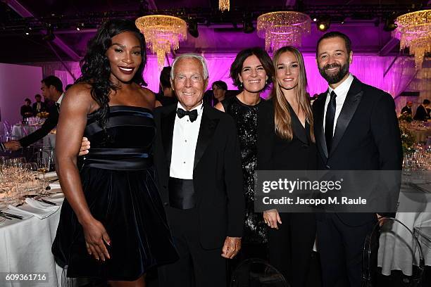 Serena Williams, Giorgio Armani, Roberta Armani, Johanna Hauksdottir and Fabio Volo attend the Milano Gala Dinner benefitting the Novak Djokovic...