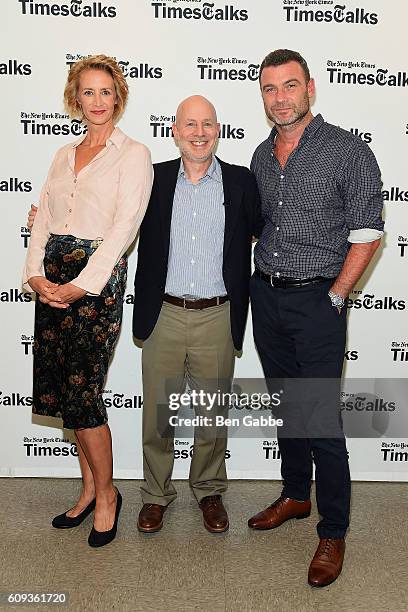 Actress Janet McTeer, reporter Michael Paulson and actor Liev Schreiber attend TimesTalks Presents "Les Liaisons Dangereuses" at Merkin Concert Hall...