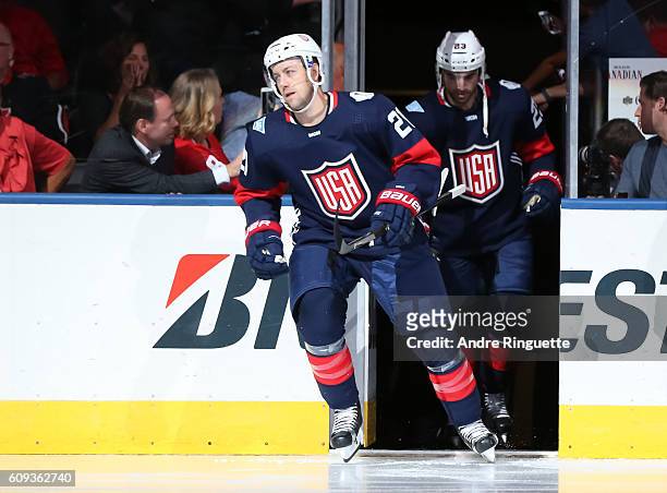 Derek Stepan of Team USA takes to the ice prior to the game against Team Canada during the World Cup of Hockey 2016 at Air Canada Centre on September...