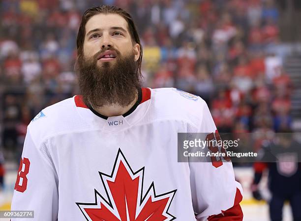 Brent Burns of Team Canada lines up prior to the game against Team USA during the World Cup of Hockey 2016 at Air Canada Centre on September 20, 2016...
