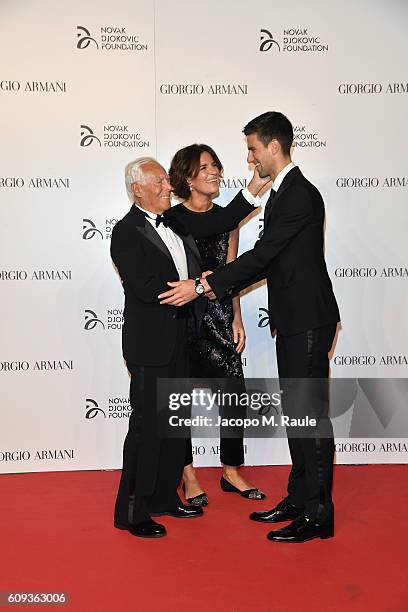 Giorgio Armani, Roberta Armani and Novak Djokovic attend the Milano Gala Dinner benefitting the Novak Djokovic Foundation presented by Giorgio Armani...