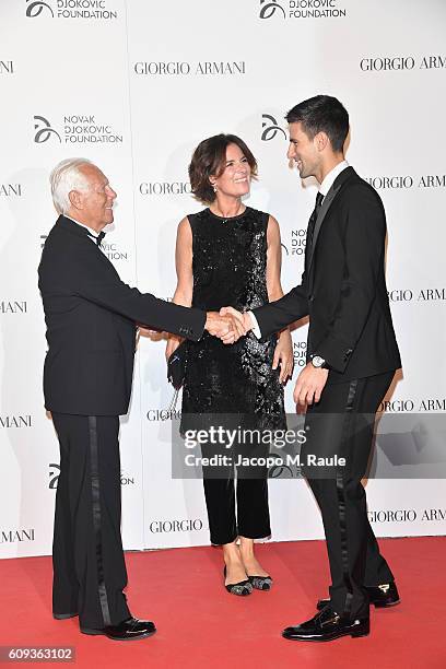 Giorgio Armani, Roberta Armani and Novak Djokovic attend the Milano Gala Dinner benefitting the Novak Djokovic Foundation presented by Giorgio Armani...