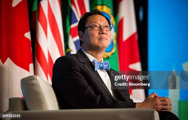Santa Ono, president of the University of British Columbia, listens in a panel discussion during the Emerging Cascadia Innovation Corridor Conference...