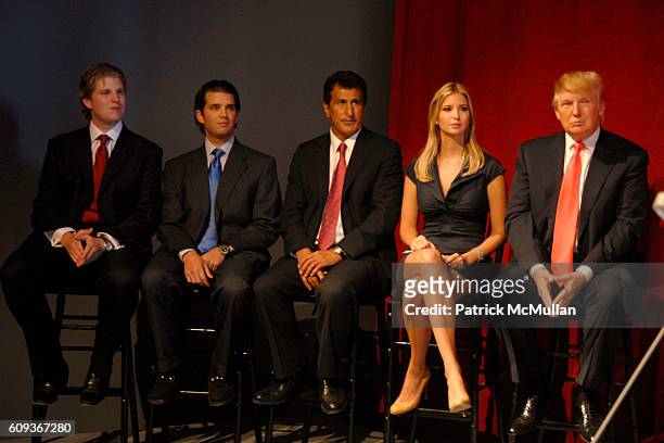 Eric Trump, Donald Trump Jr., Tevfik Arif, Ivanka Trump and Donald Trump attend TRUMP SOHO Press Conference at Trump Soho Construction Site on...