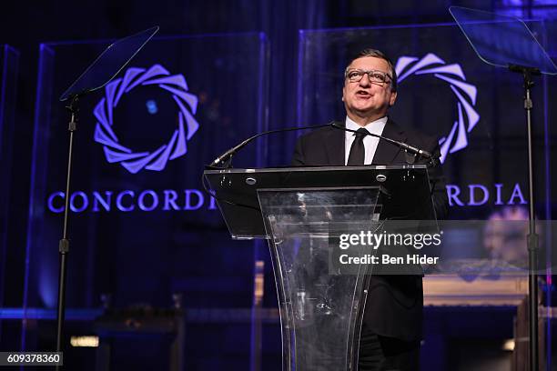 Former European Commission President and former Prime Minister of Portugal, Jose Manuel Barroso speaks during 2016 Concordia Summit Awards Dinner at...
