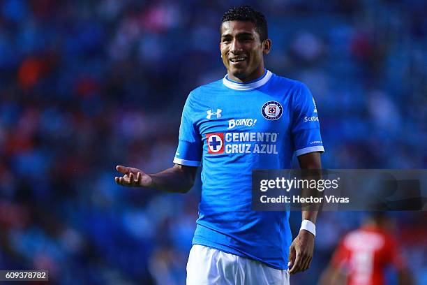 Joao Rojas of Cruz Azul reacts during the 10th round match between Cruz Azul and Toluca as part of the Torneo Apertura 2016 Liga MX at Azul Stadium...