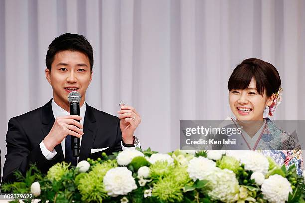 Ai Fukuhara of Japan and Hung-Chieh Chiang of Chinese Taipei attend press conference on September 21, 2016 in Tokyo, Japan. Japanese table tennis...