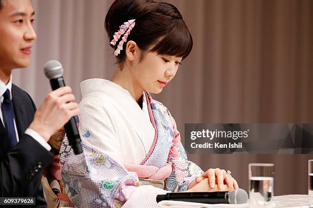 Ai Fukuhara of Japan attends press conference on September 21, 2016 in Tokyo, Japan. Japanese table tennis player Ai Fukuhara recently married...