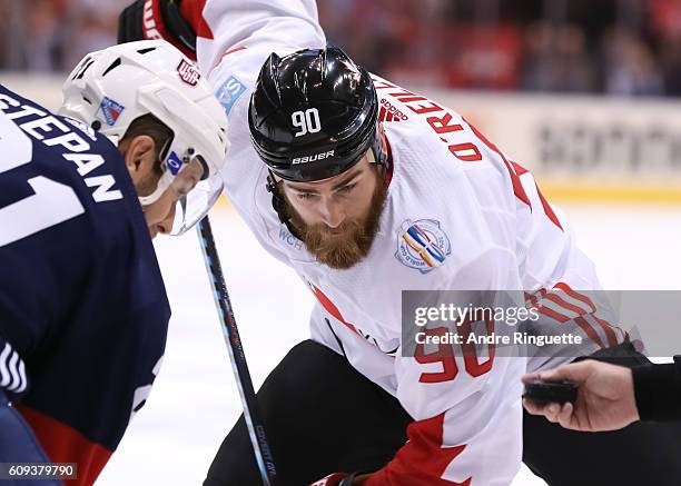 Derek Stepan of Team USA faces-off against Ryan O'Reilly of Team Canada during the World Cup of Hockey 2016 at Air Canada Centre on September 20,...