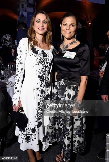 Queen Rania of Jordan and Victoria, Crown Princess of Sweden attend 2016 Global Goals Awards Dinner at Gustavino's on September 20, 2016 in New York...