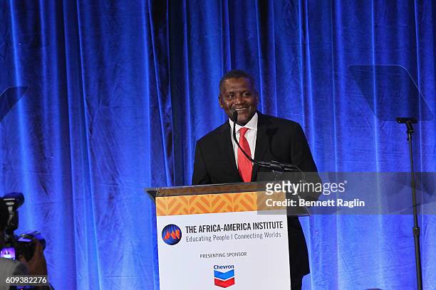 Aliko Dangote speaks on stage at the Africa-America Institute's 2016 Annual Awards Gala at Cipriani 25 Broadway on September 20, 2016 in New York...