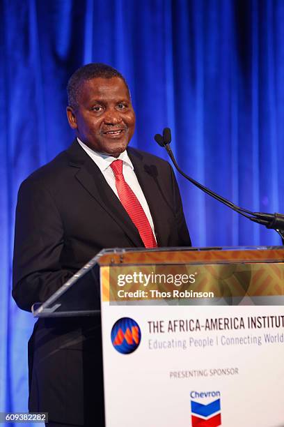 Aliko Dangote speaks on stage at the Africa-America Institute's 2016 Annual Awards Gala at Cipriani 25 Broadway on September 20, 2016 in New York...