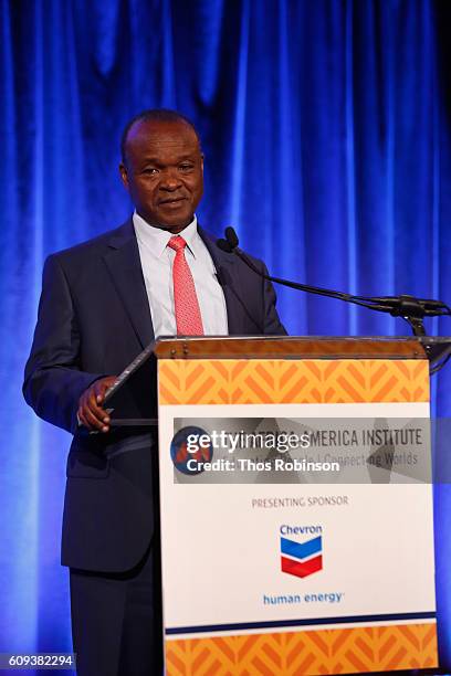 Erastus Mwencha speaks on stage during the Africa-America Institute's 2016 Annual Awards Gala at Cipriani 25 Broadway on September 20, 2016 in New...