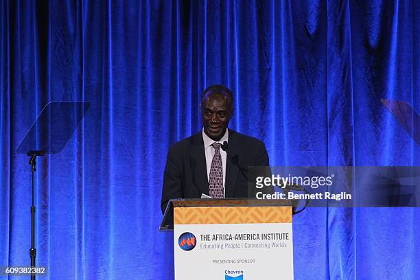 Kofi Appenteng speaks on stage during the Africa-America Institute's 2016 Annual Awards Gala at Cipriani 25 Broadway on September 20, 2016 in New...