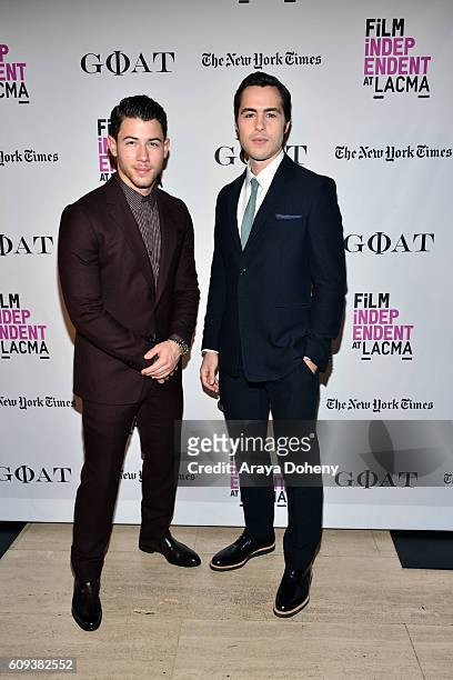 Nick Jonas and Ben Schnetzer attend the Film Independent at LACMA - "Goat" special screening and Q&A at Bing Theatre at LACMA on September 20, 2016...