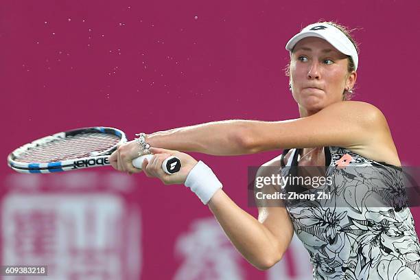 Denisa Allertova of Czech Republic returns a shot during the match against Viktorija Golubic of Switzerland on Day 2 of WTA Guangzhou Open on...