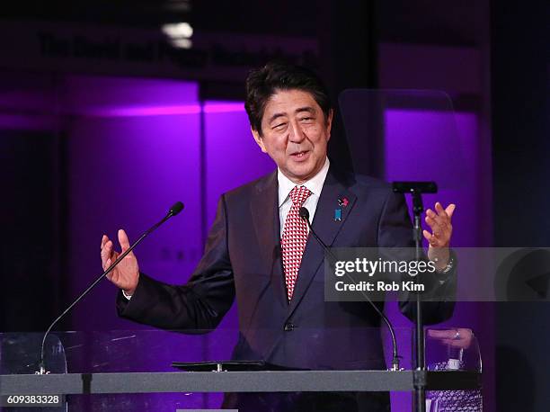 Shinzo Abe, Prime Minister of Japan speaks at HeForShe 2nd Anniversary Reception at Museum of Modern Art on September 20, 2016 in New York City.