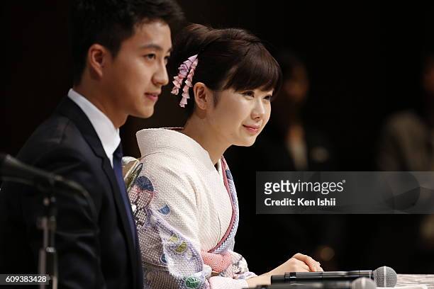 Hung-Chieh Chiang of Chinese Taipei and Ai Fukuhara of Japan speaks to the press on September 21, 2016 in Tokyo, Japan. Japanese table tennis player...