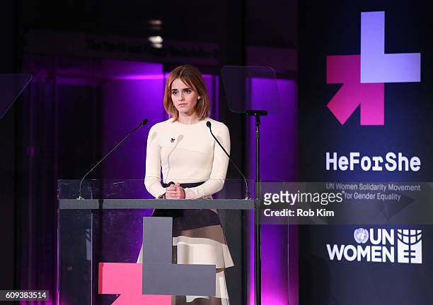 Emma Watson speaks at HeForShe 2nd Anniversary Reception at Museum of Modern Art on September 20, 2016 in New York City.