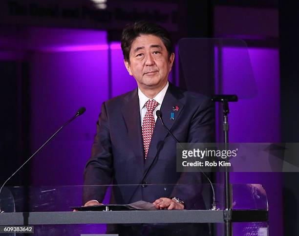 Shinzo Abe, Prime Minister of Japan speaks at HeForShe 2nd Anniversary Reception at Museum of Modern Art on September 20, 2016 in New York City.
