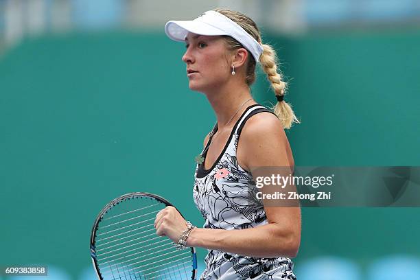 Denisa Allertova of Czech Republic celebrates a point during the match against Viktorija Golubic of Switzerland on Day 2 of WTA Guangzhou Open on...