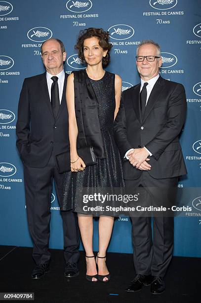 Pierre Lescure, French Minister of Culture Audrey Azoulay and Thierry Fremaux attend the "Cannes Film Festival : 70th Anniversary Party" at Palais...