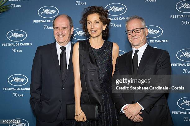 Pierre Lescure, French Minister of Culture Audrey Azoulay and Thierry Fremaux attend the "Cannes Film Festival : 70th Anniversary Party" at Palais...