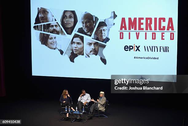 Vanity Fair West Coast Editor Krista Smith, senior producer Jesse Williams and executive producer Norman Lear speak onstage during EPIX "America...