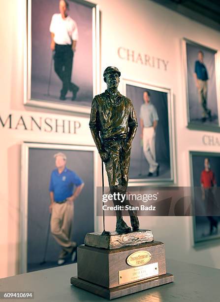 The Payne Stewart trophy is displayed on stage during The Payne Stewart Awards ceremony for the TOUR Championship, the final event of the FedExCup...