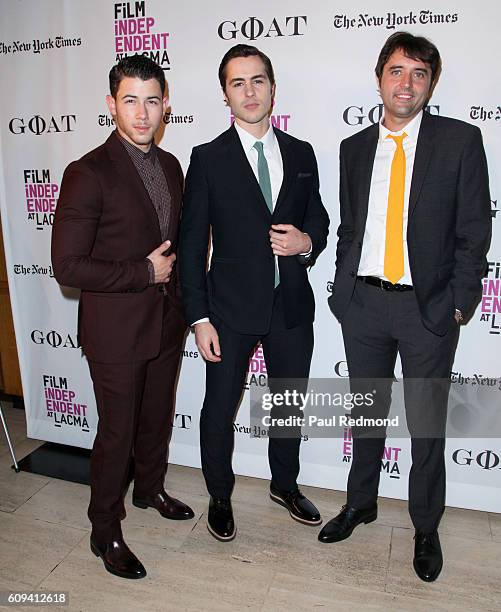 Actors Nick Jonas, Ben Schnetzer and director Andrew Neel arrive at Film Independent at LACMA special screening of "Goat" at Bing Theatre At LACMA on...