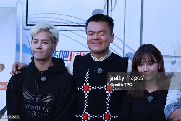 Member Jackson Wang, miss A member Wang Feifei and J.Y.Park attend new TV show Guaishushu is coming on 20th September, 2016 in Beijing, China.