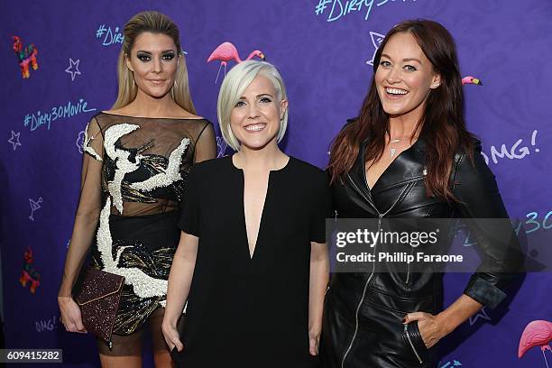 Grace Helbig, Hannah Hart and Mamrie Hart attend the premiere of Lionsgate's "Dirty 30" at ArcLight Hollywood on September 20, 2016 in Hollywood,...