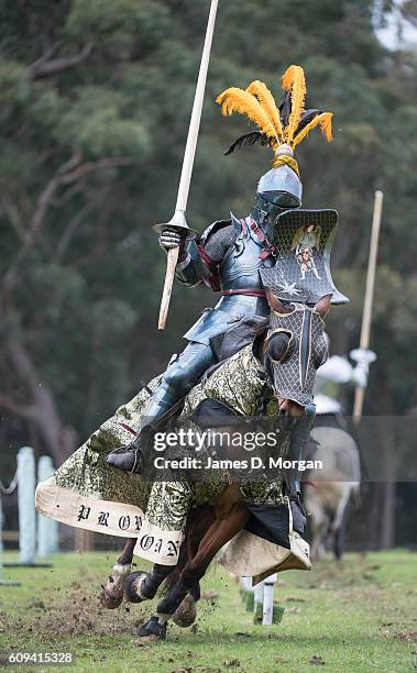 Jousters rehearsing at St Ives Showground on September 21, 2016 in Sydney, Australia. The Fox Sports International Jousting Championships is being...