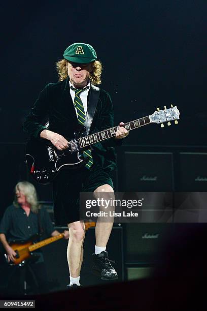 Guitar player Angus Young of AC/DC performs during the Rock Or Bust Tour at the at Wells Fargo Center on September 20, 2016 in Philadelphia,...