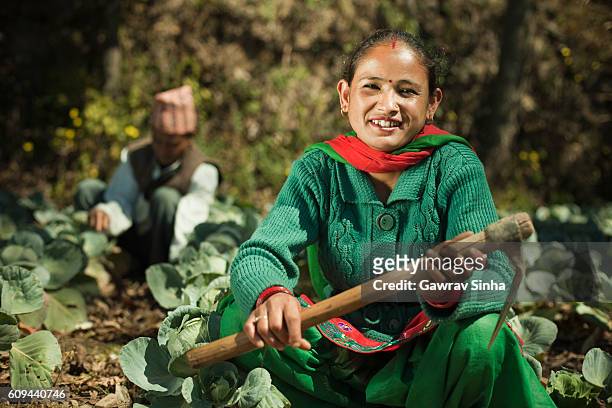 happy asian peasant woman in farm with hook. - nepal man stock pictures, royalty-free photos & images