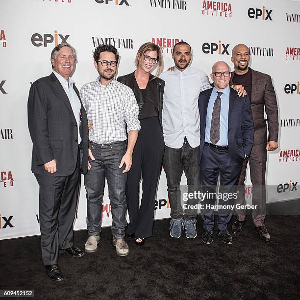 Mark S. Greenberg, J.J. Abrams, Katie McGrath, Jesse Williams, Solly Granatstein and Common attend the Premiere Of Epix's "America Divided" at Billy...