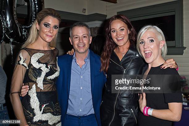 Actress/comedian Grace Helbig, producer Michael Goldfine, actress/ comedian Mamrie Hart, and actress/comedian Hannah Hart attend the after party for...